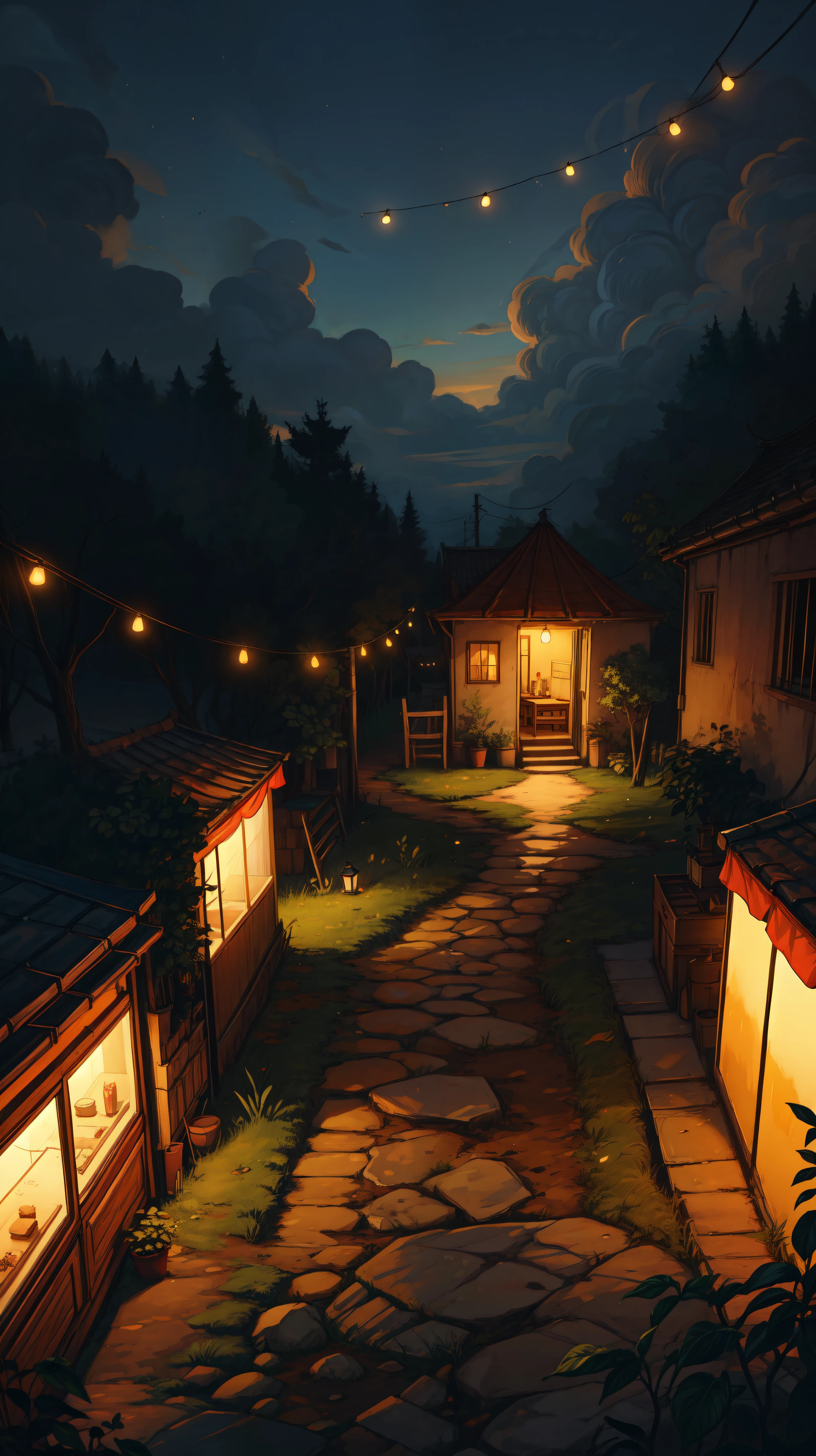 aerial view, a red tent, only two trees, evening time, dim light, aesthetically beautiful, thick lines, cozy tones, string lights, muddy path, cloudy sky, magical, shade, shadow, ghibli style, outdoors, cozy atmosphere, micro landscape, intrinsic details