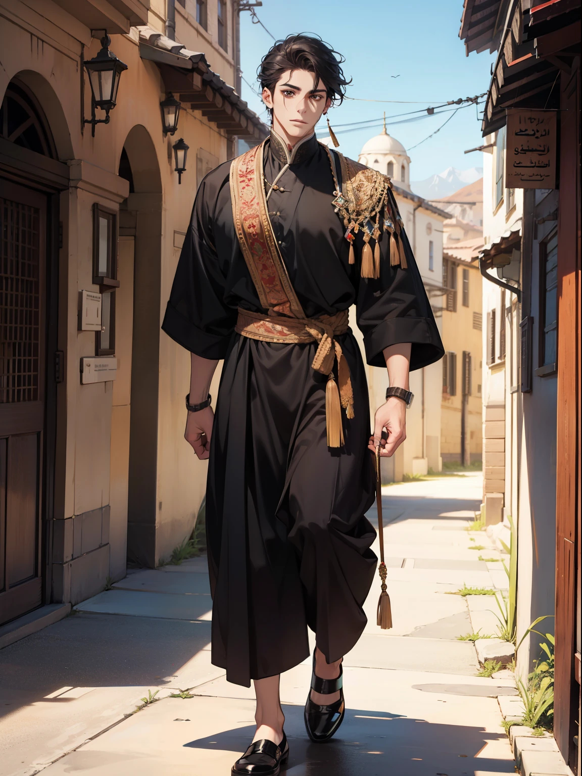 (absurdres, highres, ultra detailed), 1 male, adult, handsome, tall muscular guy, broad shoulders, finely detailed eyes and detailed face, desert, full body, middle eastern clothes, short black hair, brown eyes, focused on scenery, a guy starting journey
