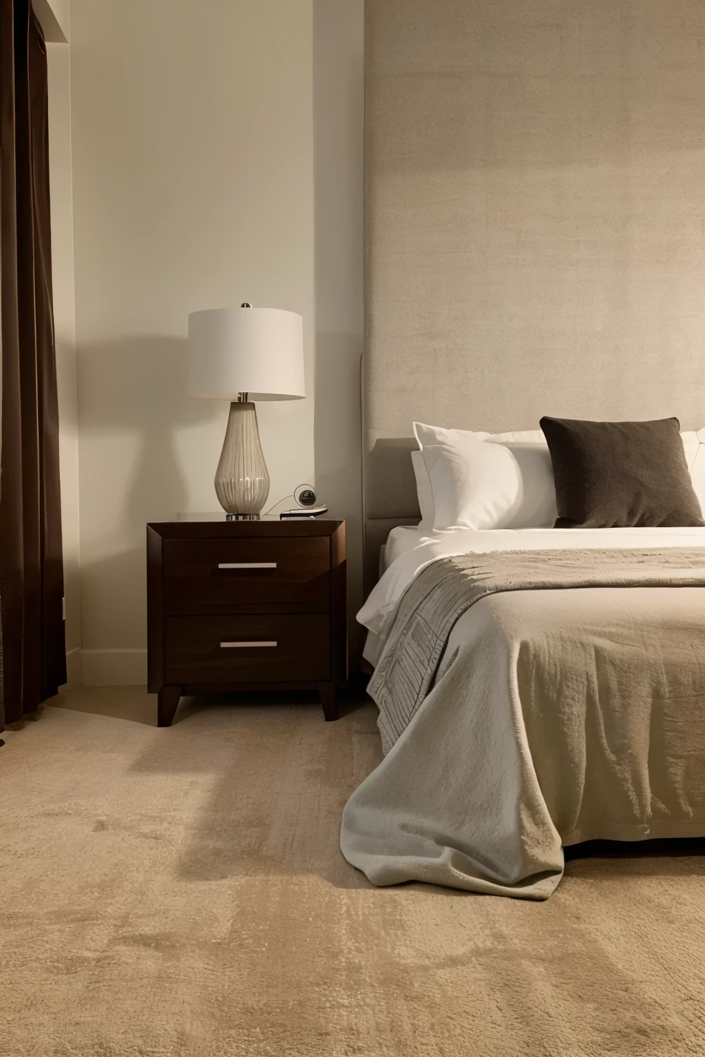 Create an image of a guest bedroom with a welcoming and elegant design. The room should feature a comfortable large-sized bed with a neutral, yet sophisticated bedding set that appeals to a wide range of tastes. Add stylish bedside tables on either side of the bed, each with a modern lamp for reading.