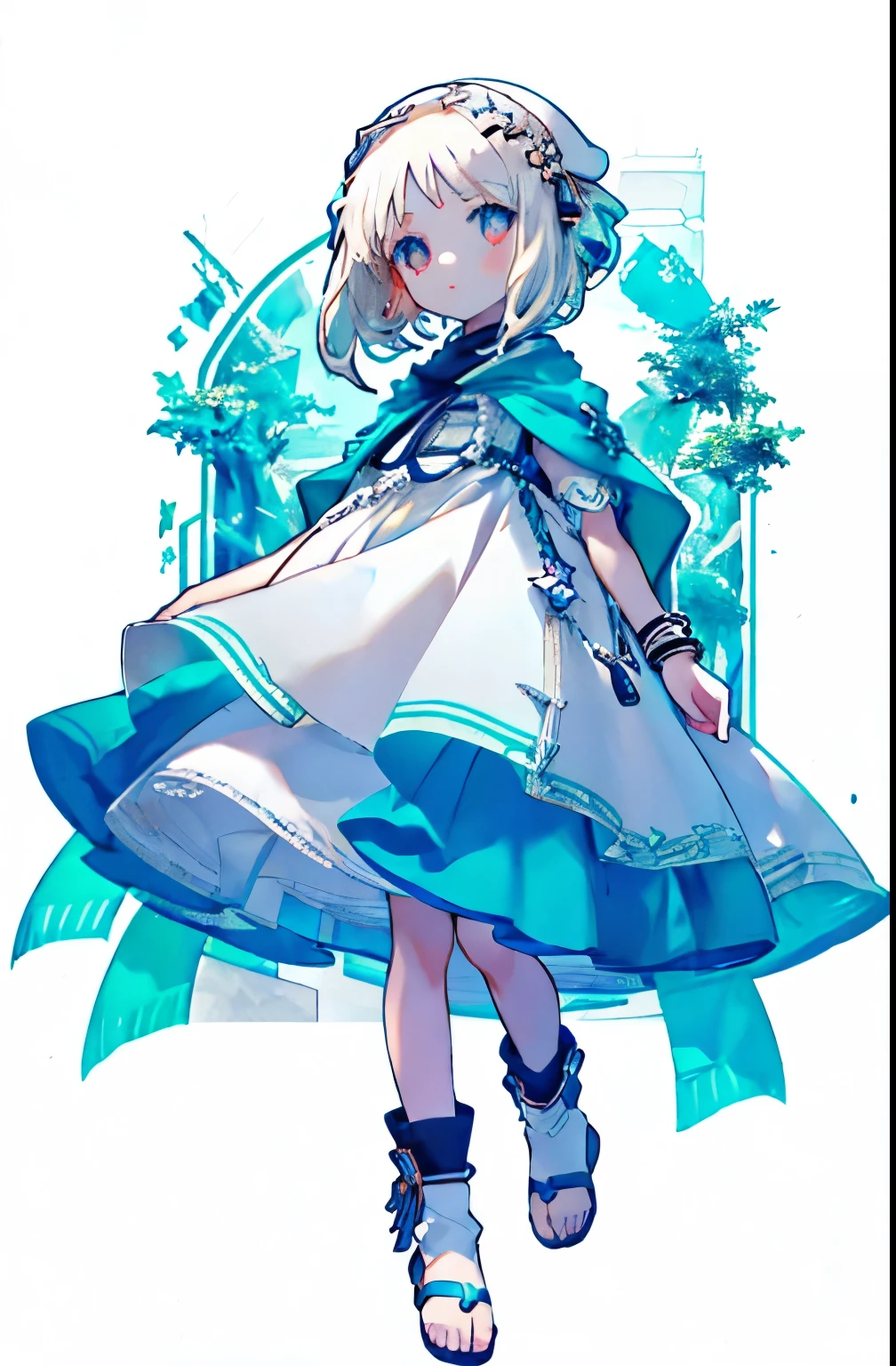 character design,Full body portrait,, white background, A woman in a white dress and blue cloak stands on the road, Official Character Art, Attractive character design,Full body portrait,(( Girl)), brownish eyes、A bracelet,(((Sandal Boots))),white backgrounid,Plain background,((pant))、Shorts、((((Loli girl)))))