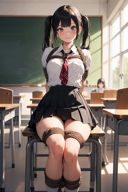 ((best quality)), ((Meisterwerk)), (detailed), perfektes Gesicht, , (((Perfekte Anatomie))), 4k resolution, 1 girl, Long twintails, (Perfektes Gesicht, Augen, Mund, Body), big thighs, pig breasts, small waist, school girl, (18), Black Hair, Black Mini skirt, White Shirt, (((Bound Wrists, Ankles with Rope))), (((Arms behind Back: 1.4))),  erröted,  hilflos, held back, ((Classic bondage)), Random camera angle, classroom with girls in the background, Sitting on school chair, Bound to chair, held back