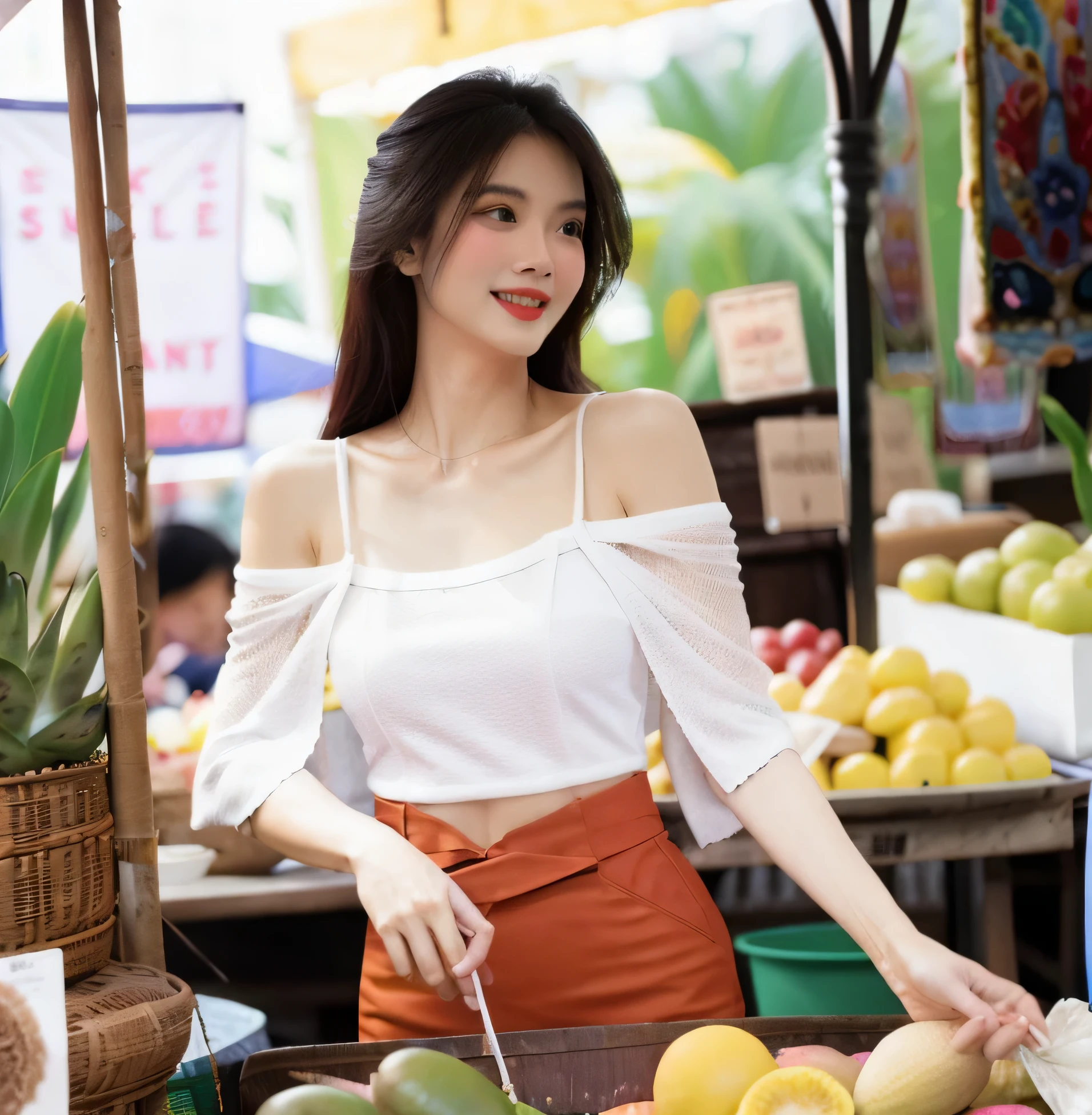 A charming and elegant Thai woman, dressed in a see through flowy off-shoulder top and a sheer white shawl, joyfully browsing through a variety of juicy mangoes at a lively flea market. The detailed rendering captures the essence of this scene, making it a feast for the eyes.