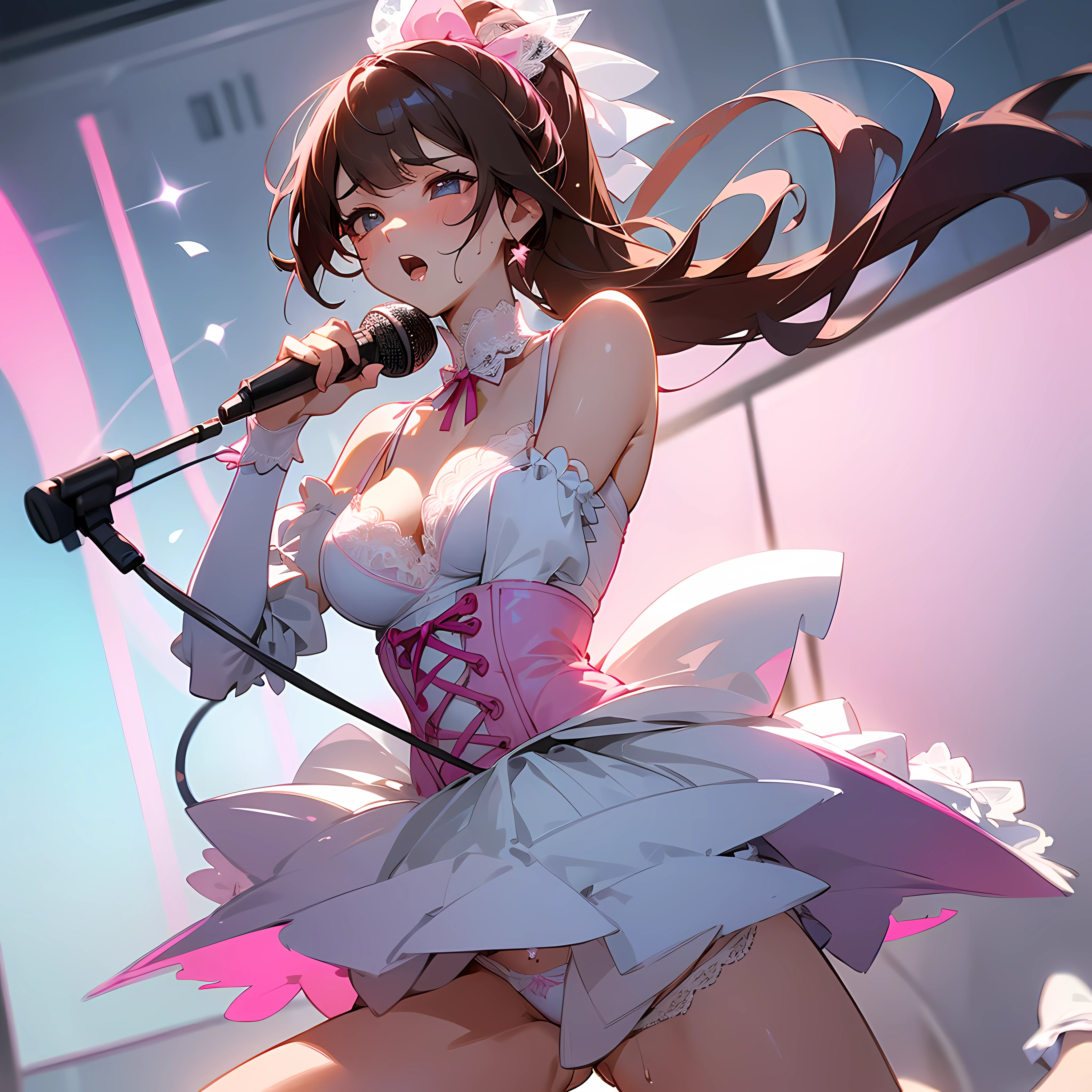 Adult women、The exact number of fingers、accurate number of legs、Exact number of arms、Bangs, Ribbon Ponytail, Brown hair, (blush:1), (Put one hand in your underwear:1.8), fingering, (cat juice:1.2), Mouth, (A woman holding a microphone ready to sing:1.5)、White and Navy Idol Outfit、The outfit includes a navy blue icon style corset., There is a ribbon on the collar of that costume.、Clothing covers shoulders, both sides, upper arm, and weapons., This costume is only open at the chest.、High socks、White idol style skirt, (Delicate and luxurious decorative lingerie:1.3), Ribbon at neckline, (White and pink with lots of lace:1.3), White lace:1.2), Sexy Lingerie, High Leg Raise、 beautiful big breasts, (stand erect:1), The skirt is rolled up、best quality, high resolution, (Delicate and beautiful eyes:1.6), The face is rich in detail, Perfect lighting, Very detailed CG, (Perfect hands, Perfect anatomical structure),Embarrassed expression、The expression of not wanting to go to the toilet, (Sexual pleasure expression:1.4), (expression of pain:1.2)、Close your eyes、sexy look、look up、The mouth is half open、、(live stage、A lot of viewers:1.3)、whole body