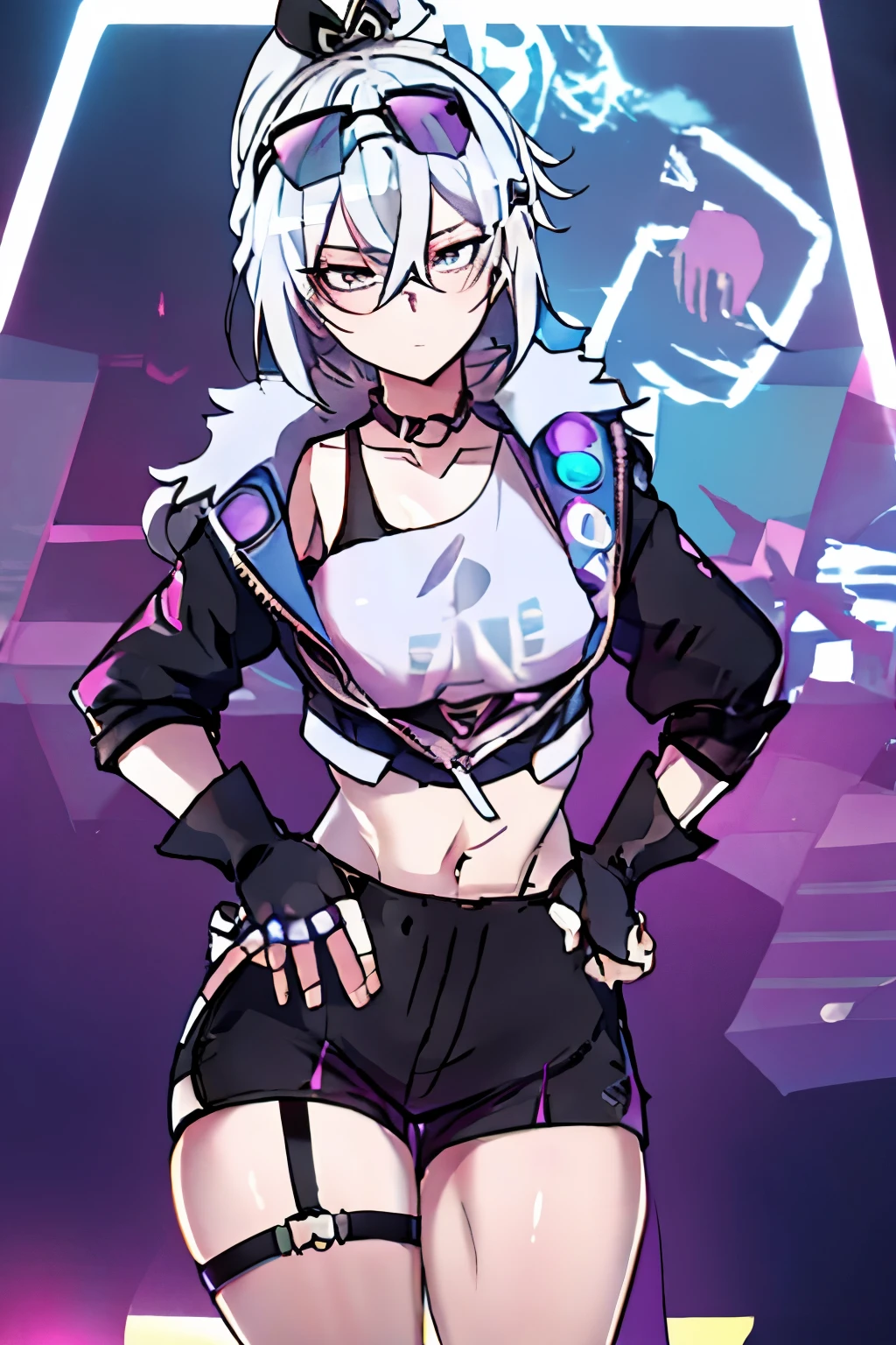 1 girl, One, long hair, breast, I look at the viewer, hair ornament, gloves, tape, navel, jacket, hair tape, White hair, black gloves, life, fingerless gloves, black jacket, crop top, Grey eyes, thigh strap, black necklace, drill hair, black shorts, Sunglasses, glasses on head, SilverWolf, ass