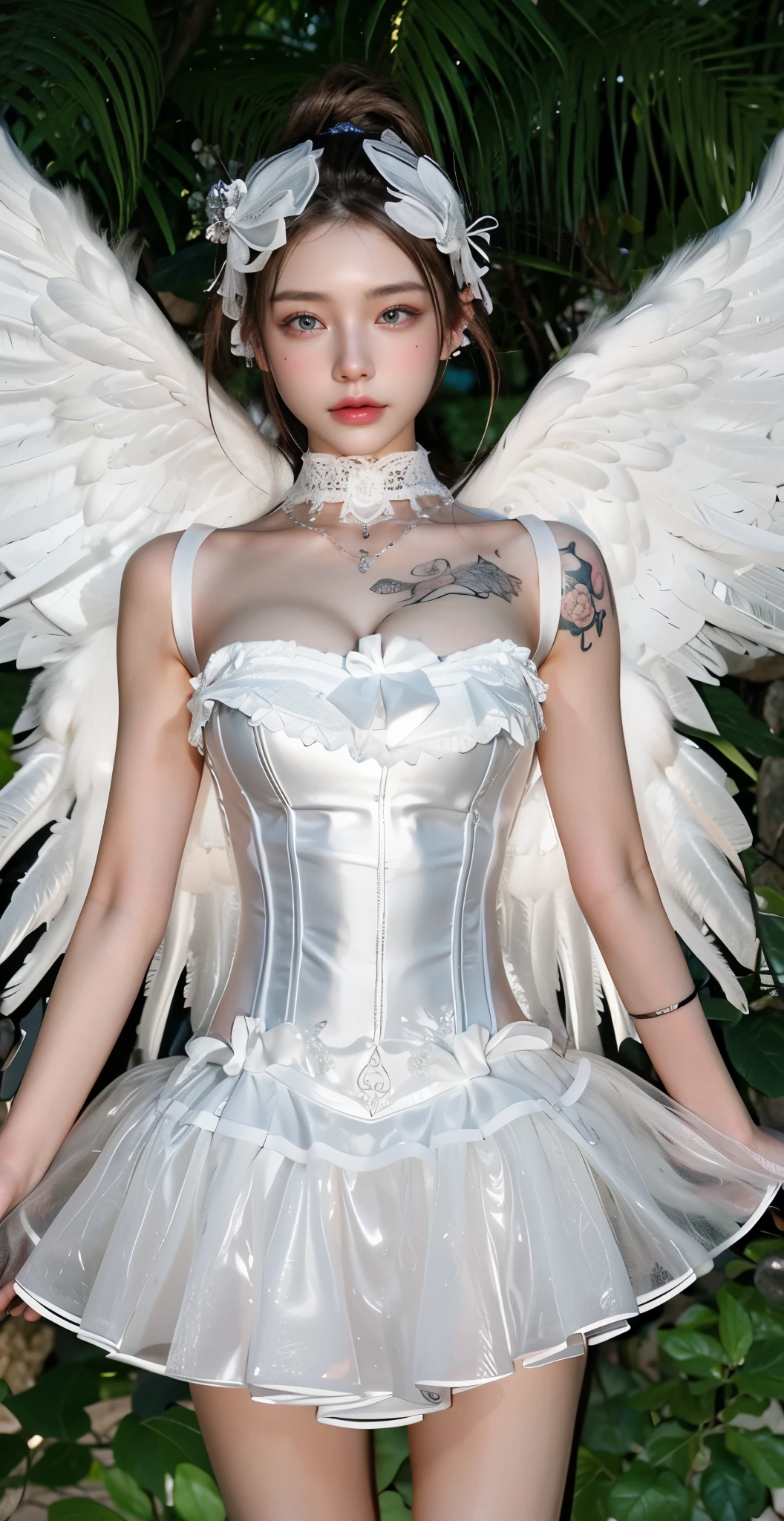 Game Art,Best image quality,Maximum resolution,8k,(A half-length photo),(portrait),(Head close-up),(Rule of Thirds),Unreal Engine 5 rendering works,20 year old girl,((Queen)),Eyes are very detailed,(Large Breasts),Elegant and noble,movie lights,Ray Tracing,Game CG,((3D Unreal Engine)),OC rendering reflection pattern,4K,Ultra-clear,Sensual,Translucent lace,Fair and plump figure,Pretty Face,Glossy Gel Coat,身着华贵礼服的Queen,Crystal Gem Crown,Necklace jewelry,blue eyes,black tattoo(whole body),The tattoo is very three-dimensional,Gorgeous and intricate tattoo designs,Ultra-clear portrait,Angel Wings,Five fingers stretched out