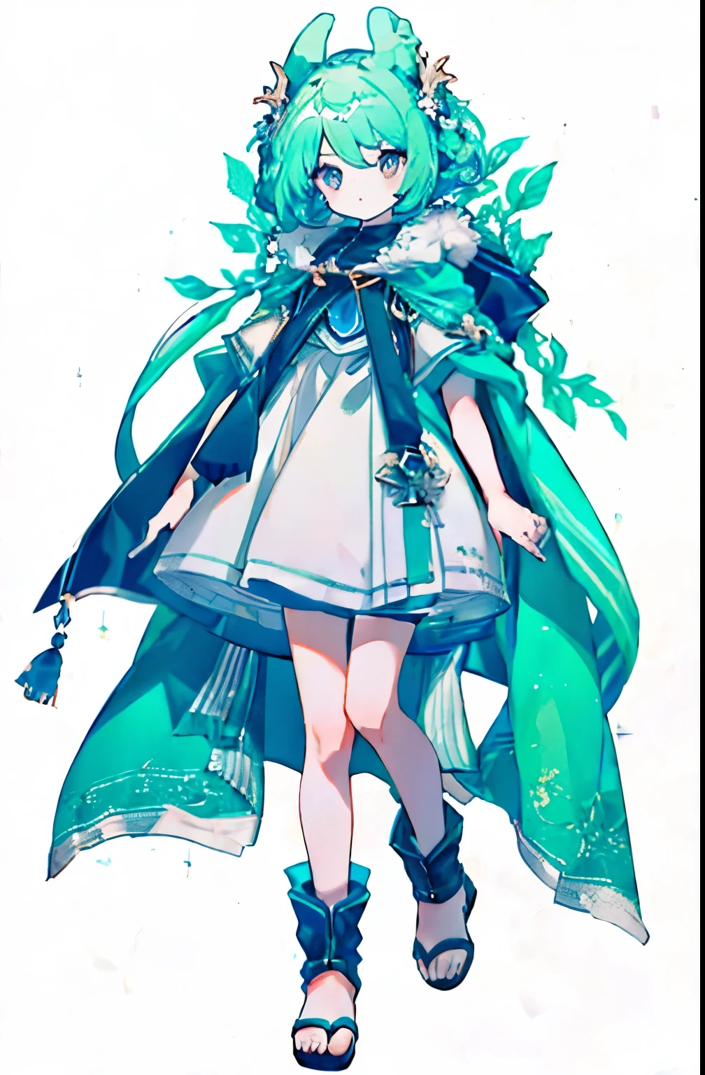 character design,Full body portrait,, white background, A woman in a white dress and blue cloak stands on the road, Official Character Art, Attractive character design,Full body portrait,((Small Girl)), brownish eyes、A bracelet,(((Sandal Boots))),white backgrounid,Plain background,((short pant))、Shorts