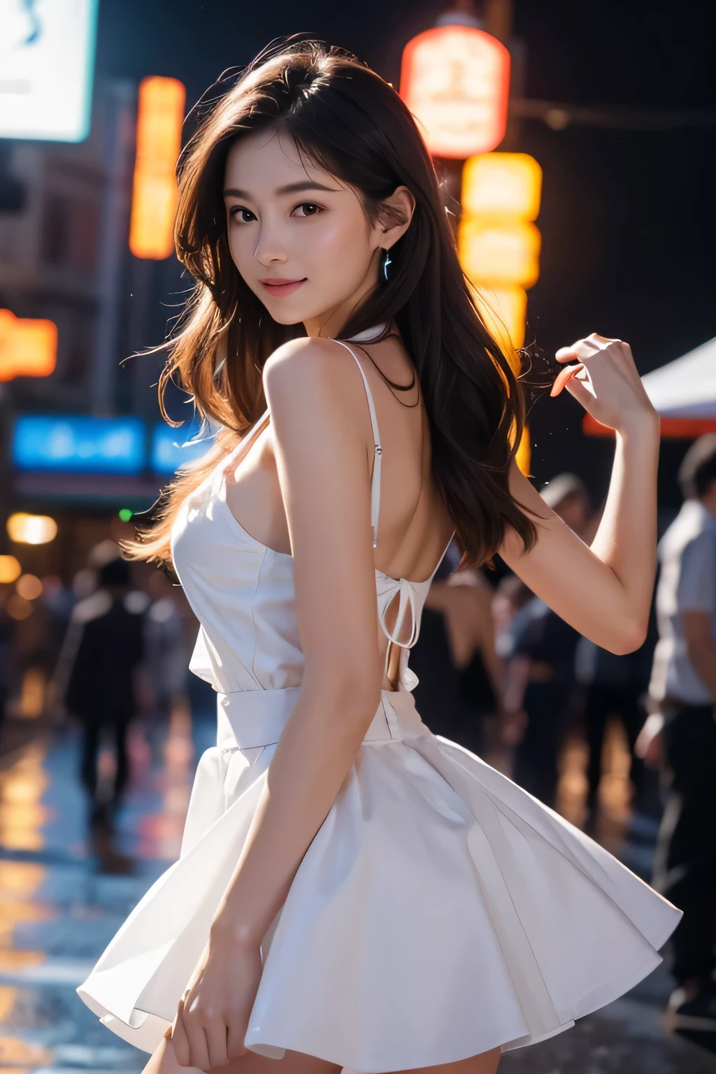 ((best quality)), ((masterpiece)), (detailed), (perfect face, beautiful), woman dancing in the rain at outdoor nightclub laughing joyfully. open air club here is full of people dancing around her, amid colorful lights and bokeh effects, photo realistic, cinematic, movie still, summer vibes, captured in the style of Sony Alpha A7 III camera --ar 2:3 --s 500 --v 6.0