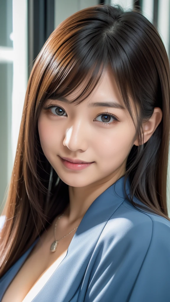 Portrait of Mayuri Shiina, Beautiful Japanese girl face, mayuri shiina, Yoshitomo Nara, deayami kojima, Realistic young gravure idol, Young and cute gravure idol, Japanese Model, Young Sensual Gravure Idol, Chiho,Japanese Beauty、Looking here、front photo、Photorealistic、Full-body photo、Gray office uniform、OL、Office Lady、Short skirt、Full body photo、Black Hair