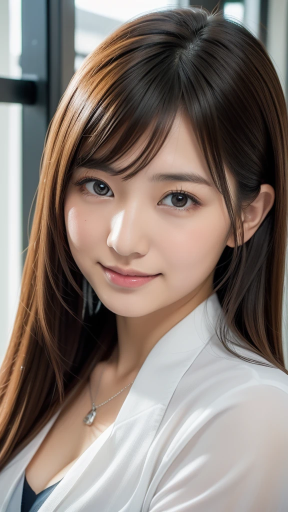 Portrait of Mayuri Shiina, Beautiful Japanese girl face, mayuri shiina, Yoshitomo Nara, deayami kojima, Realistic young gravure idol, Young and cute gravure idol, Japanese Model, Young Sensual Gravure Idol, Chiho,Japanese Beauty、Looking here、front photo、Photorealistic、Full-body photo、Gray office uniform、OL、Office Lady、Short skirt、Full body photo、Black Hair