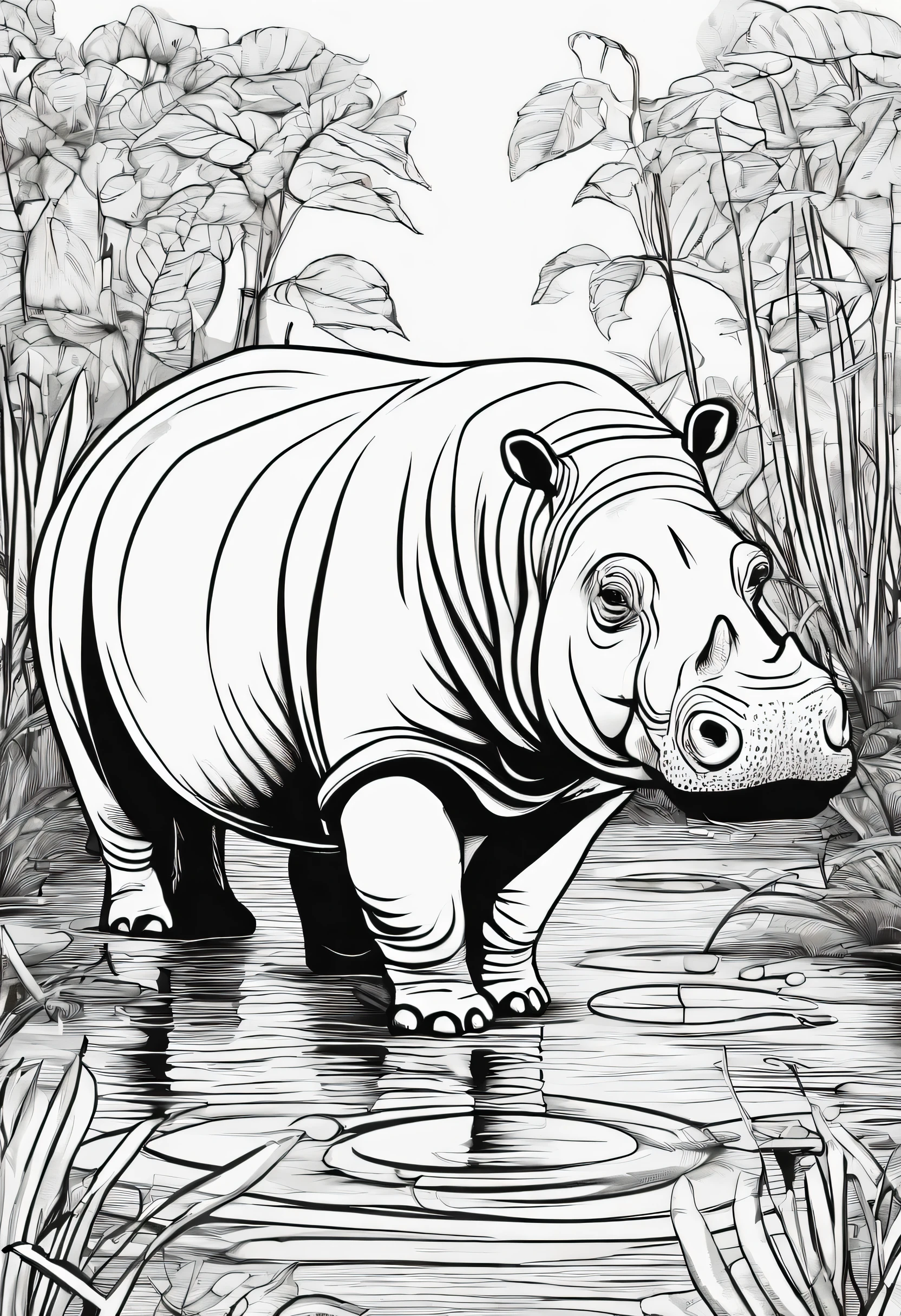 coloring book black and white hippopotamus leaving a pond with big leaves plants in a background no greyscale no shading no shade no shadows