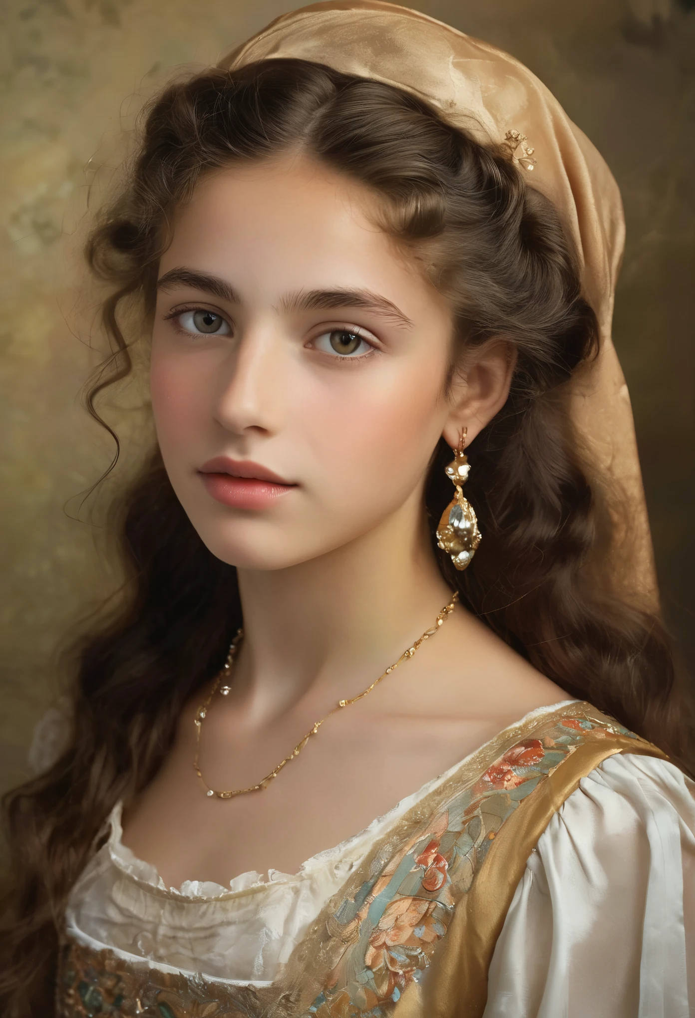 (highres,masterpiece:1.2),(realistic:1.37), A portrait of a Jewish girl in the 20th century with unparalleled beauty. age 14, eldest daughter of a wealthy merchant, The lighting is soft and diffused, accentuating the girl's ethereal beauty. The colors are vibrant and rich, creating a captivating visual experience. The portrait is created in the style of classical portraiture, reminiscent of the works of renowned artists from the era. It exudes elegance, grace, and sophistication. A great masterpiece of the century, you can even feel the breath of the lively girl.