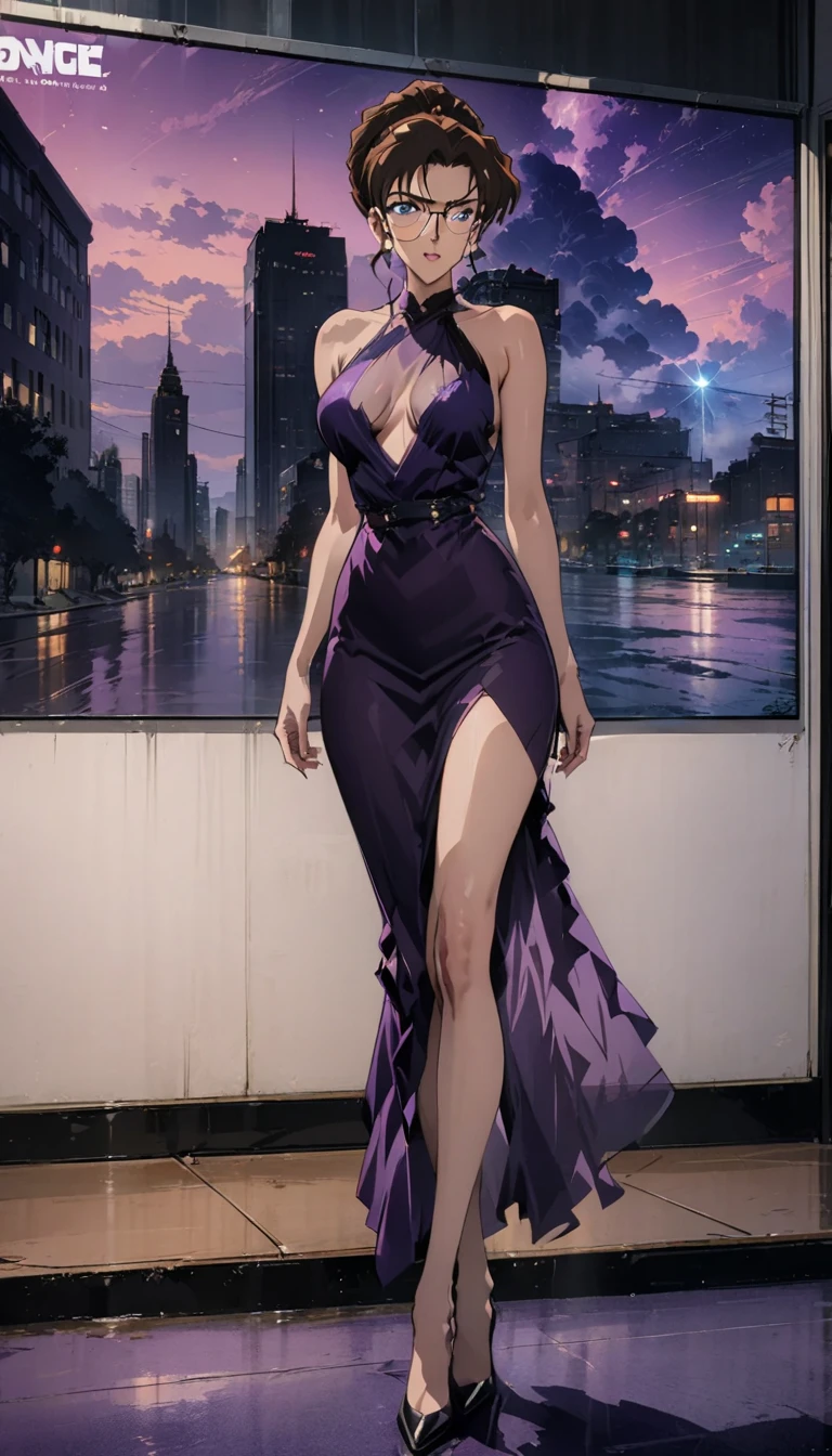 Best quality,masterpiece,brown hair,Purple evening dress,Big ,Perfect body,full-body shot,Cool poster,Wearing glasses,36 mature beauties,Single player anime style