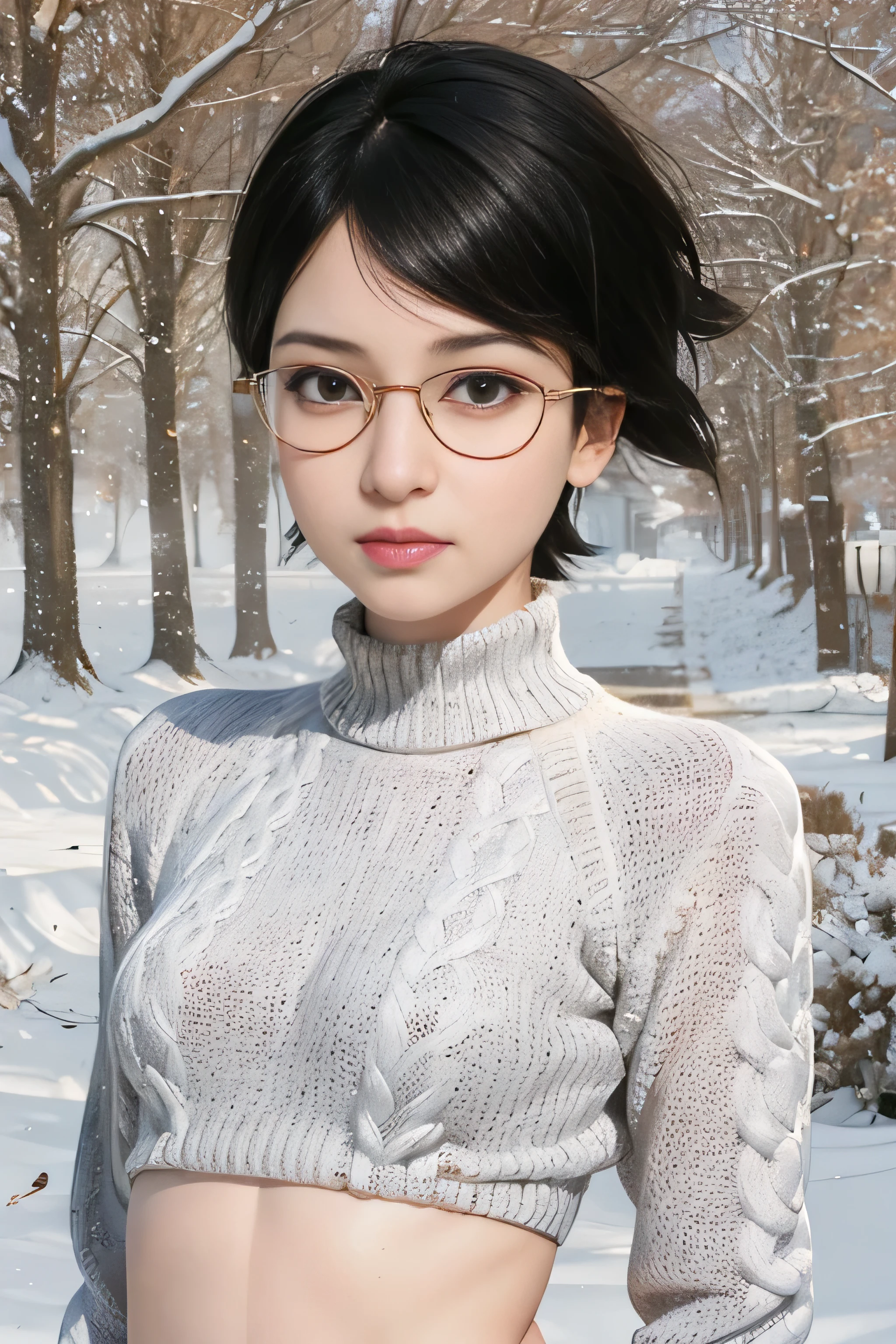 masterpiece, best quality, (realistic,photo-realistic:1.4), (RAW photo:1.2), extremely detailed CG unity 8k wallpaper, delicate and beautiful, amazing,finely detail, official art, absurdres, incredibly absurdres, huge filesize, ultra-detailed,extremely detailed eyes and face,light on face,sarada,(little smile),(black hair:1.4),(short hair:1.4),(wearing sweater:1.5),(wearing gold framed glasses:1.4),(small breast:1.3),winter,park