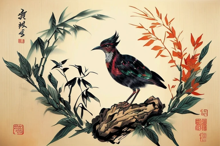 shukezouma, shuimobysim, ((starling)), willow branches, (masterpiece, best quality: 1.2), ((Traditional Chinese ink painting)), model style, bamboo branches, bamboo, wuchangshuo, red, orange, black, fire, starling, bird
