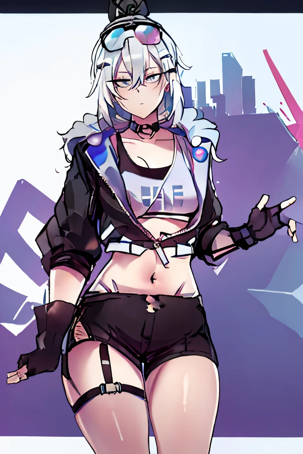 1 girl, One, long hair, breast, I look at the viewer, hair ornament, gloves, tape, navel, jacket, hair tape, White hair, black gloves, life, fingerless gloves, black jacket, crop top, Grey eyes, thigh strap, black necklace, drill hair, black shorts, Sunglasses, glasses on head, SilverWolf 