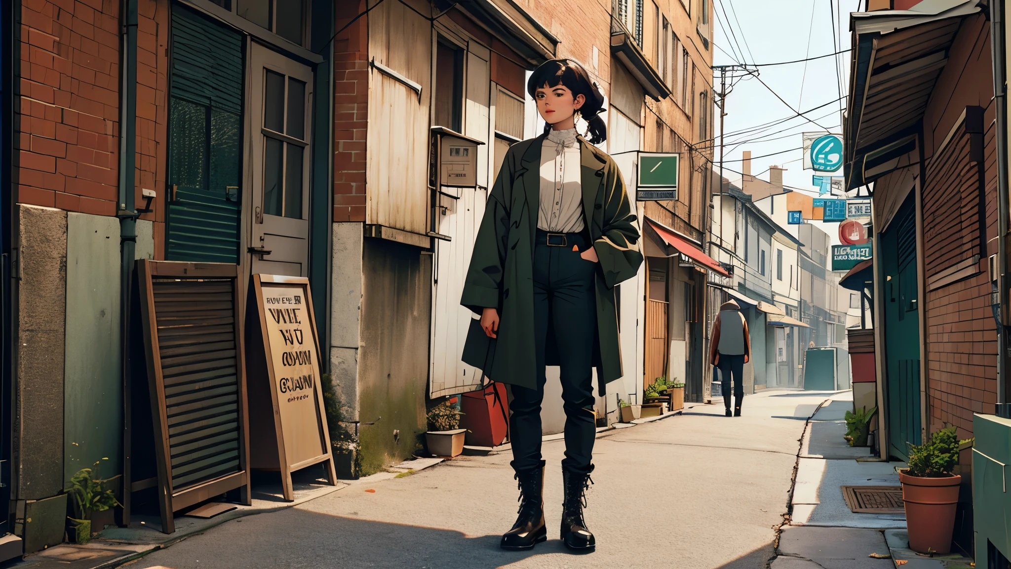 /imagine prompt: the girl is standing alone in full height, looking exactly in the center directly into the camera, hair color black, hairstyle kare, eyes green, dressed in vintage clothing in the form of a shirt and brown tight pants, shoes vintage boots black, background no :: --v 4