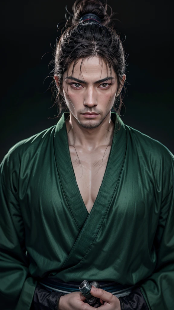 (best quality), high quality, very high resolution, (ultra detailed), 8k, (hyper realistic),Ray Tracing, a man in a deep green kimono, a japanese sword, ronin, very narrow eyes, Droopy eyes, blankness, New York, night, neon light, samurai hairstyle, Musashi Miyamoto