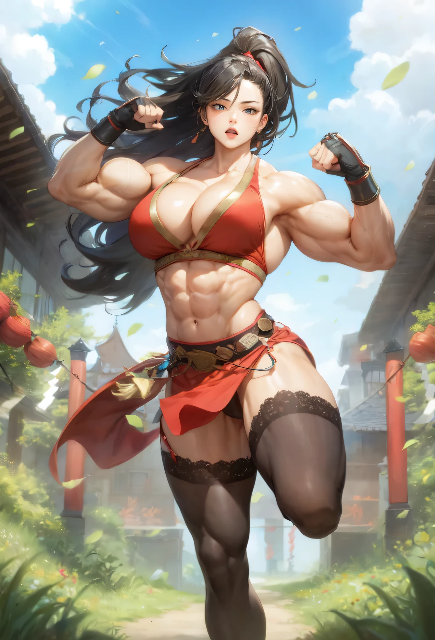 ,girl,beautiful face, muscular female, alternate muscle size,black hair,red hanfu,muscular thighs,spring,muscular ,biceps,black lace trim legwear,abs