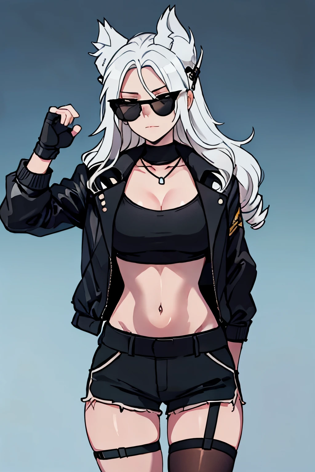 Adult woman, long gray hair, Cat's ears, golden eyes, leather jacket, tshirt, ssmile, Masterpiece, hiquality