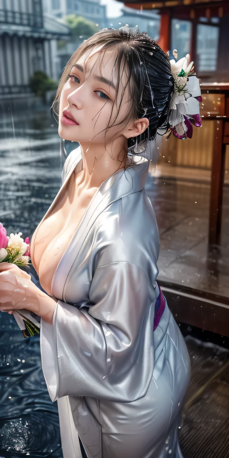 (Real:1.5、8k、highest quality、masterpiece、Ultra-high resolution)、(((heavy snow、From below)))、perfect dynamic composition:1.2、(Modern city night shrine、Expressions of sadness:0.9、Low angle shooting:0.9)、More on skin and facial texture:1.ung woman getting wet in the rain:1.3、White skin:1.2、Sexy beauty:1.1、Incredibly slim body:1.2、beautifully、Danmei:1.1、Very beautiful face:1.2、Water droplets on the skin、(Rain drips on my body:1.2、Wet body:1.2、Wet Hair:1.3)、(Professional kimono dressing、Holding a wet bouquet:1.2、wearing)Wear a wet silver kimono correctly:1.3)、(Big Breasts、Bra shows through、chest gap)、(Big eyes that exude beautiful eroticism:0.8、Beautiful, erotic lips:0.8)、necklace、Earrings、bracelet、wedding ring、Highly detailed and accurate hand and finger expression