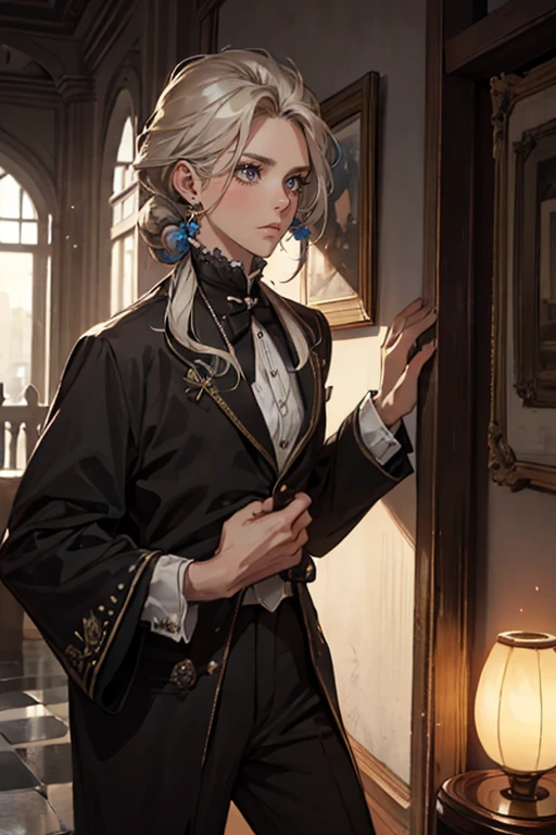 ((Um jovem de terno preto e gravata)), Gotham, Alexandre, (((cabelo curto escuro penteado para o lado))), (olhos verdes escuros e sobrancelhas grossas), sorriso pretensioso, ((20 anos de idade)), ((obra de arte)), dynamic posture, ((cinematic lighting)), (tall height around 5 feet 6), Sentado na cadeira