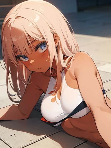 Imagine a stunning anime girl with tan skin, wearing a bikini top and cargo pants, lying on the floor in a state of starvation and discomfort. Her ribs are visible and her sweat glistens in the light, a range of styles and variations to choose from for this stylistic rendering.