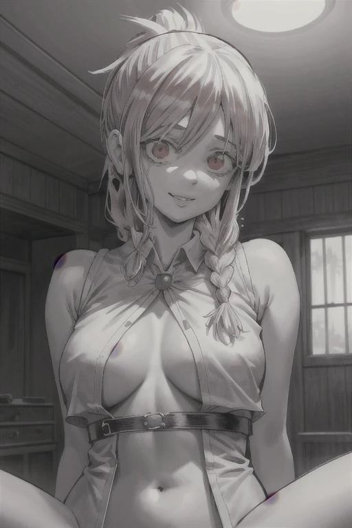 One Girl,chest,hand (Chainsaw Man),The eyes are round,large chest,smile,View audience,belly button,Braidinged ponytail,Braiding,Red eyes,room,No bra,bangs,Underbust,Grin,Upper Body,Long Hair,,Stomach,Lips parted,look up,spot color,Red Theme,handを挙げる、Spread your legs、Sex