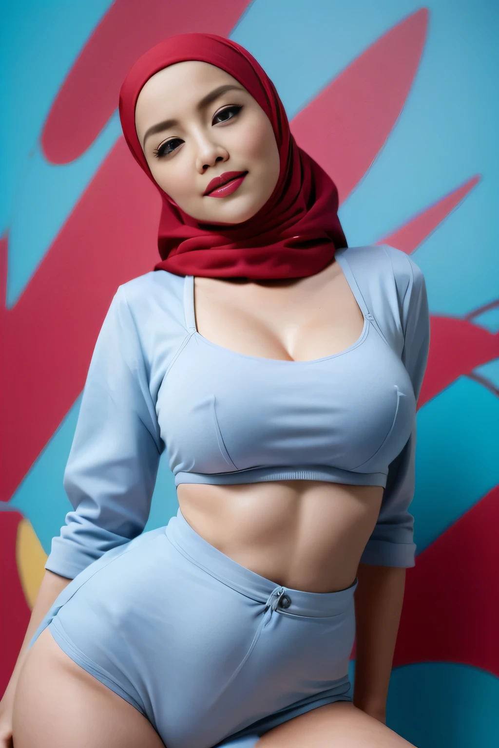 Malay girl in hijab wearing sexy red color satin bra and panties, portrait photography, mid shot photo, ultra detail, professional photograph with professional lighting, smile, light blue studio background, sexy seducing pose, curvy