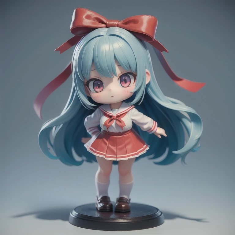 (masterpiece, best quality:1.2), 1girl, ((masterpiece, highest quality, Highest image quality, High resolution, photorealistic, Raw photo, 8K)),(nendoroid figure), miniatures,illustration,((Side viewing angle)),school-uniform,Wear red ribbon,very happy,whole body,skirt lift,(visible panty),three-dimensional,octane rendering,Perfect face,Collagen texture((flowing hair))