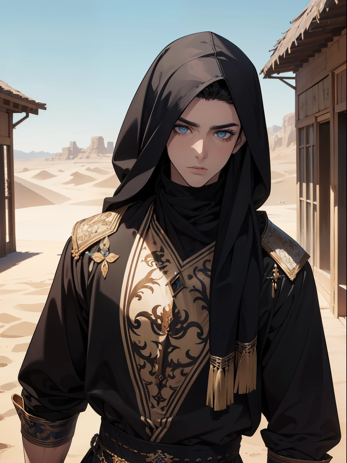 (absurdos, high resolution, ultra detalhado), 1 homem, adulto, bonito, cara alto e musculoso, ombros largos, olhos finamente detalhados e rosto detalhado, deserto, corpo todo, Middle Eastern clothing, cabelo preto curto, olhos castanhos, focused on the scene, a guy starting the journey