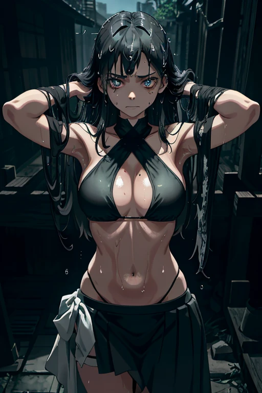 Anime girl with anime tan skin, contrasting bikini top and long skirt, sweat dripping down her body from intense struggle. Her stomach rumbles, signs of hunger etched on her gaunt face. The bikini top clings to her body, revealing her prominent clavicles, while the long skirt billows around her. Her fiery spirit and determination shine through her tired, hollowed eyes, embodying a desperate fight for survival. Ultra-detailed, realistic, 8K resolution, HDR lighting enhances the textures and contrasts between her damp skin and the intricate patterns of her bikini. Her sweat-soaked hair clings to her forehead in uneven str