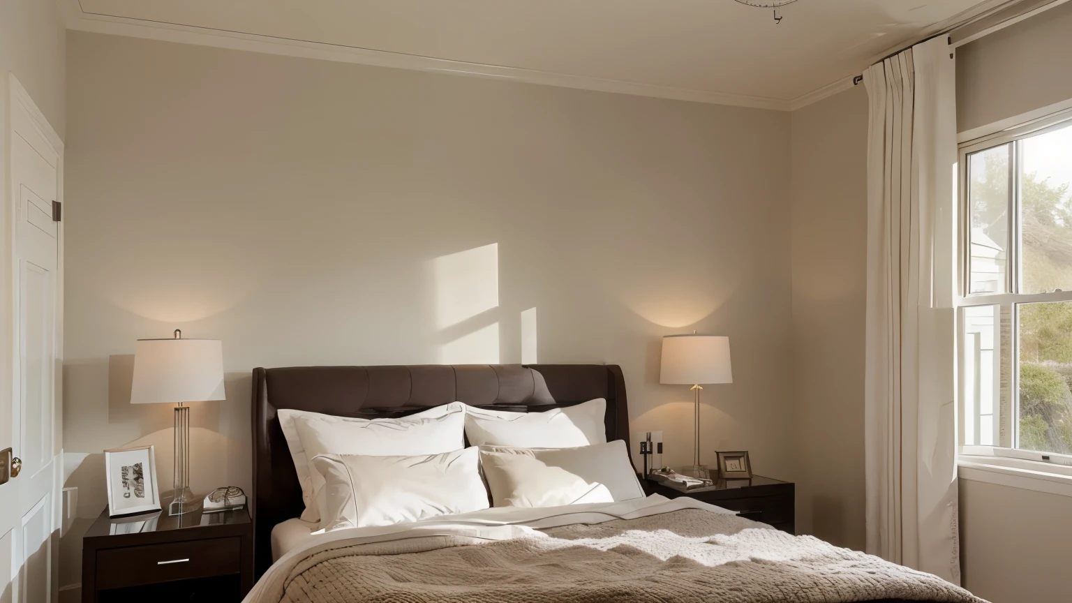 Create an image of a guest bedroom with a welcoming and elegant design. The room should feature a comfortable large-sized bed with a neutral, yet sophisticated bedding set that appeals to a wide range of tastes. Add stylish bedside tables on either side of the bed, each with a modern lamp for reading.