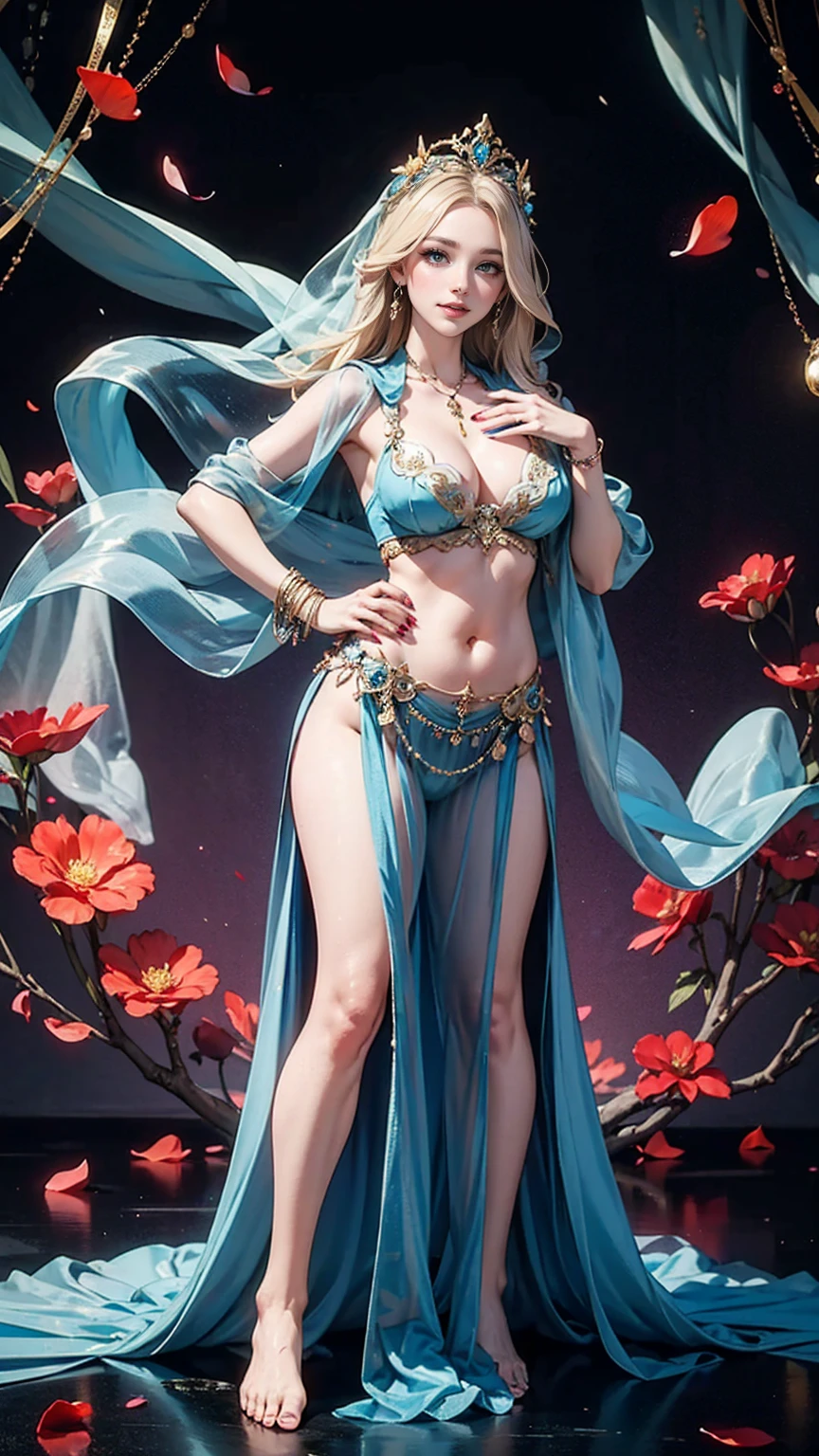 (最high quality, 8K, masterpiece: 1.3, Ultra HD, high quality, 最high quality, High resolution, realism)) 、25-year-old Caucasian female、Platinum Blonde、blue eyes、long hair、smile、slender、slenderだがアスリートのような細マッチョ、I want my head to stay off screen、Wear accessories on your wrist、Wearing red nail polish、I have a peticure、Wear a colorful belly dance costume、Being barefoot、Beautiful breasts、Beautiful buttocks、Beautiful waistline、smile、art nouveau background、Petals dance violently across the screen、belly dance vigorously、A veil on my head、hide one's face with a veil、Wiggle your hips、Sensual、Lively、Great style、The costume is erotic((erotic))