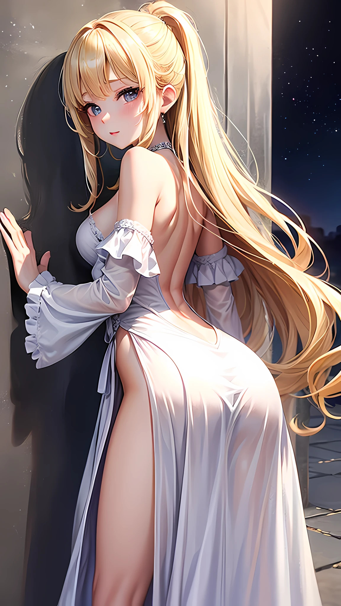 highest quality、4K quality、lean against the wall、Beautiful cleavage、Off-the-shoulder evening dress、Beautiful Style、tall、Small breasts、Bare buttocks、Small Ass、Blonde roll、Shy face、20 year old princess、Bare shoulders、grab the skirt、ultra detail eye,Shooting from behind