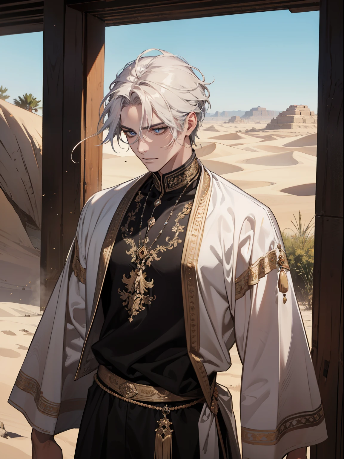 (absurdos, high resolution, ultra detalhado), 1 homem, adulto, bonito, cara alto e musculoso, ombros largos, olhos finamente detalhados e rosto detalhado, deserto, corpo todo, Middle Eastern clothing, cabelo preto curto, olhos castanhos, focused on the scene, a guy starting the journey