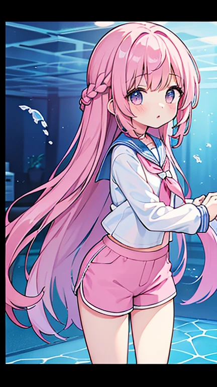 Beautiful illustrations, highest quality, ( girl:1.4)、(pretty girl：1.5)、、(inside the aquarium)、Flat Chest、Sailor collar、(White long tunic)、Long sleeve sailor suit、Blue-line cuffs、(pink chino shorts：1.4)、(pink shorts with wide opening：1.2)、Gap between thigh and pants、Slim thighs、White socks、 Cinematic lighting, (Pink Long Hair)、Pink Straight Hair、redness of cheeks、(Braiding of the back of the head)