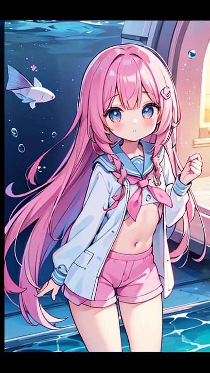 Beautiful illustrations, highest quality, ( girl:1.4)、(pretty girl：1.5)、、(inside the aquarium)、Flat Chest、Sailor collar、(White long tunic)、Long sleeve sailor suit、Blue-line cuffs、(pink chino shorts：1.4)、(pink shorts with wide opening：1.2)、Gap between thigh and pants、Slim thighs、White socks、 Cinematic lighting, (Pink Long Hair)、Pink Straight Hair、redness of cheeks、(Braiding of the back of the head)