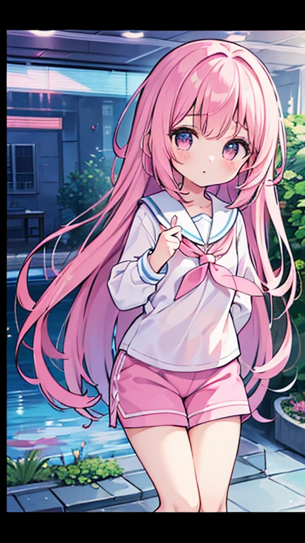 Beautiful illustrations, highest quality, ( girl:1.4)、(pretty girl:1.5)、、(inside the aquarium)、Flat Chest、Sailor collar、(White long tunic)、Long sleeve sailor suit、Blue-line cuffs、(pink chino shorts:1.4)、(pink shorts with wide opening:1.2)、Gap between thigh and pants、Slim thighs、White socks、 Cinematic lighting, (Pink Long Hair)、Pink Straight Hair、redness of cheeks、(Braiding of the back of the head)