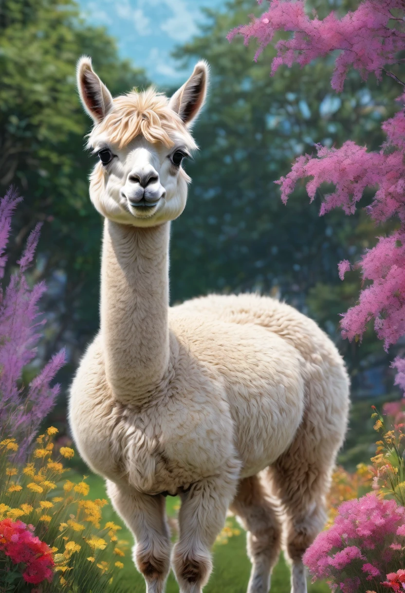 An Alpaca, aesthetic, (high-quality, realistic, vibrant colors, detailed) An alpaca explores its surroundings, showcasing its playful and curious nature. Its fluffy white coat is intricately textured, creating a 3D effect. The alpaca's expressive eyes captivate with their vivid blue hue, while its long, curly lashes add a touch of elegance. As it moves, its slender legs gracefully carry its fluffy body, creating a sense of lightness. The alpaca's inquisitive mouth nibbles on grass, portraying its love for exploring and trying new things. Its surroundings bloom with an array of vibrant flowers, filling the scene with a burst of colors. The soft sunlight casts a warm glow on the alpaca and the surrounding landscape, highlighting every intricate detail. The artwork captures the alpaca's delightful personality, rendering it with astonishing realism and precision. The picture exudes a cheerful and lively ambiance, showcasing the alpaca's joy as it indulges in its random adventures.