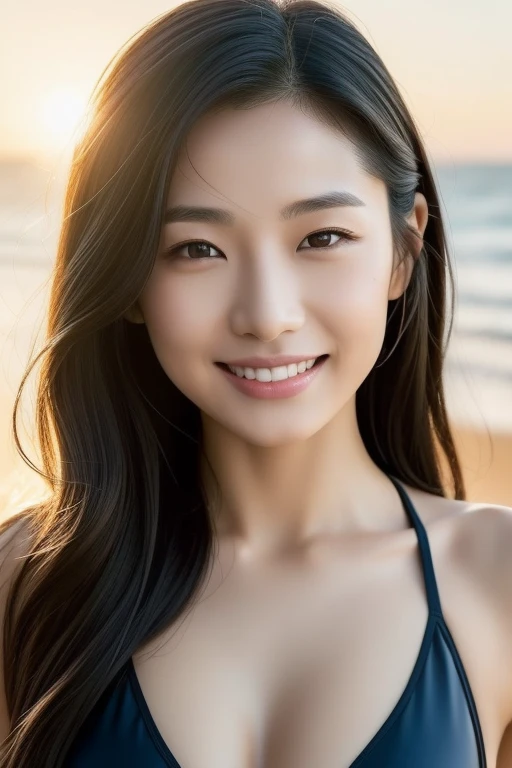 The face of the hostess、White bra、White panty、beauty legs、hiquality、A hyper-realistic、healthy、Smiling expression、Slender perfect figure、Japan Beauty、 perfect  eyes、Beautiful skin、enticing、White sandy beach