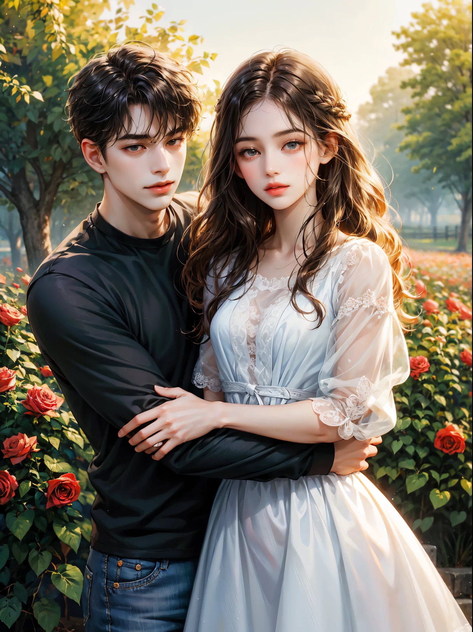 Couple, 1 girl 1 boy, different hair color, long brown hair girl, wavy hair girl, no bangs girl, grey eyes girl. White dress. Short black hair boy, wavy hair boy, black eyes boy, shirt and jeans boy, height different, detailed eyes, face, hand. They hug. They look at the viewer. Background a sky. They are inside a field of roses