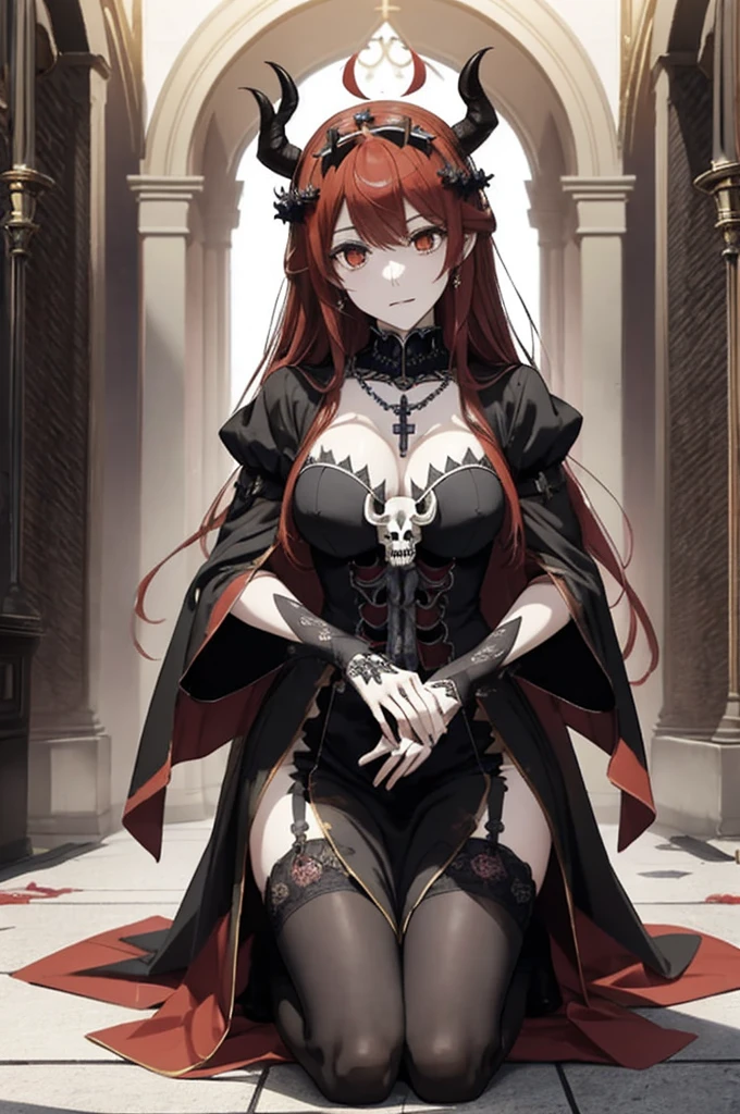 ((highest quality)), ((masterpiece)), (be familiar with), Perfect Face、The Enchanting Body of Celica（FE）、Red hair、The perfect proportions、semi-long、necklace、Bangles、Caster wheel、Circlet、Luxury Accessories、first round、Fallen into evil、、Blank look、Engagement Rings、Hollow Eyes、Ritual of Summoning Demons、Dark Room、Red magic circle on the floor、Mass skeletonsの燭台と蝋燭、darkness、Black sheets、Devil's Altar、Suspicious rituals、A large number of skull objects、Big magic circle on the floor、Skeleton Candelabra、Luxury Jewelry、Be baptized by the devil、Skeleton Crown、black large gemstone pendant、empty eyes、Apathy、Expressionless、Black priestly uniform、devil&#39;s priest、believer in demons、dark priest、Black religious clothing、Richly decorated priestly vestments、Black clothes、Black Veil、Devil's Ornaments、Devil&#39;s Accessories、Temple of the Devil、Baphomet&#39;s Servant、Standing in front of the altar、Big devil statue、Black interior、Big devil statueに祈りを捧げる、Large goat-headed devil statue、Big Baphomet statue、Skeleton Crown、Body and soul become demons、Skeleton Demon、Skeleton Demon Priest Celica、Mass skeletons、Wearing a skeleton、Spread your legs wide、Pussyを見せる、Leg spread、Pussy、Sit on the altar、股を大きく広げてPussyを見せる、Pussy露出、Pussyを開いて見せる