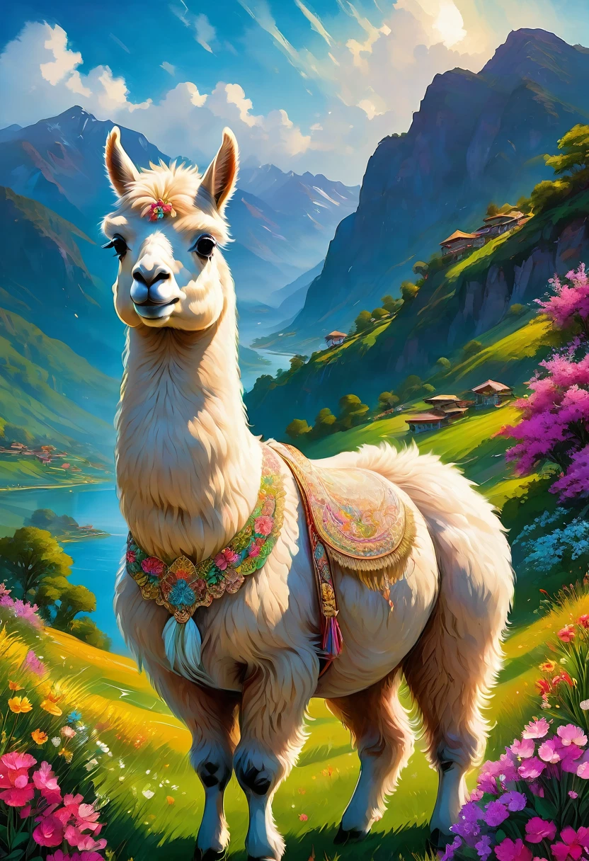 An Alpaca, aesthetic, (high-quality, realistic, vibrant colors, detailed) An alpaca explores its surroundings, showcasing its playful and curious nature. Its fluffy white coat is intricately textured, creating a 3D effect. The alpaca's expressive eyes captivate with their vivid blue hue, while its long, curly lashes add a touch of elegance. As it moves, its slender legs gracefully carry its fluffy body, creating a sense of lightness. The alpaca's inquisitive mouth nibbles on grass, portraying its love for exploring and trying new things. Its surroundings bloom with an array of vibrant flowers, filling the scene with a burst of colors. The soft sunlight casts a warm glow on the alpaca and the surrounding landscape, highlighting every intricate detail. The artwork captures the alpaca's delightful personality, rendering it with astonishing realism and precision. The picture exudes a cheerful and lively ambiance, showcasing the alpaca's joy as it indulges in its random adventures.