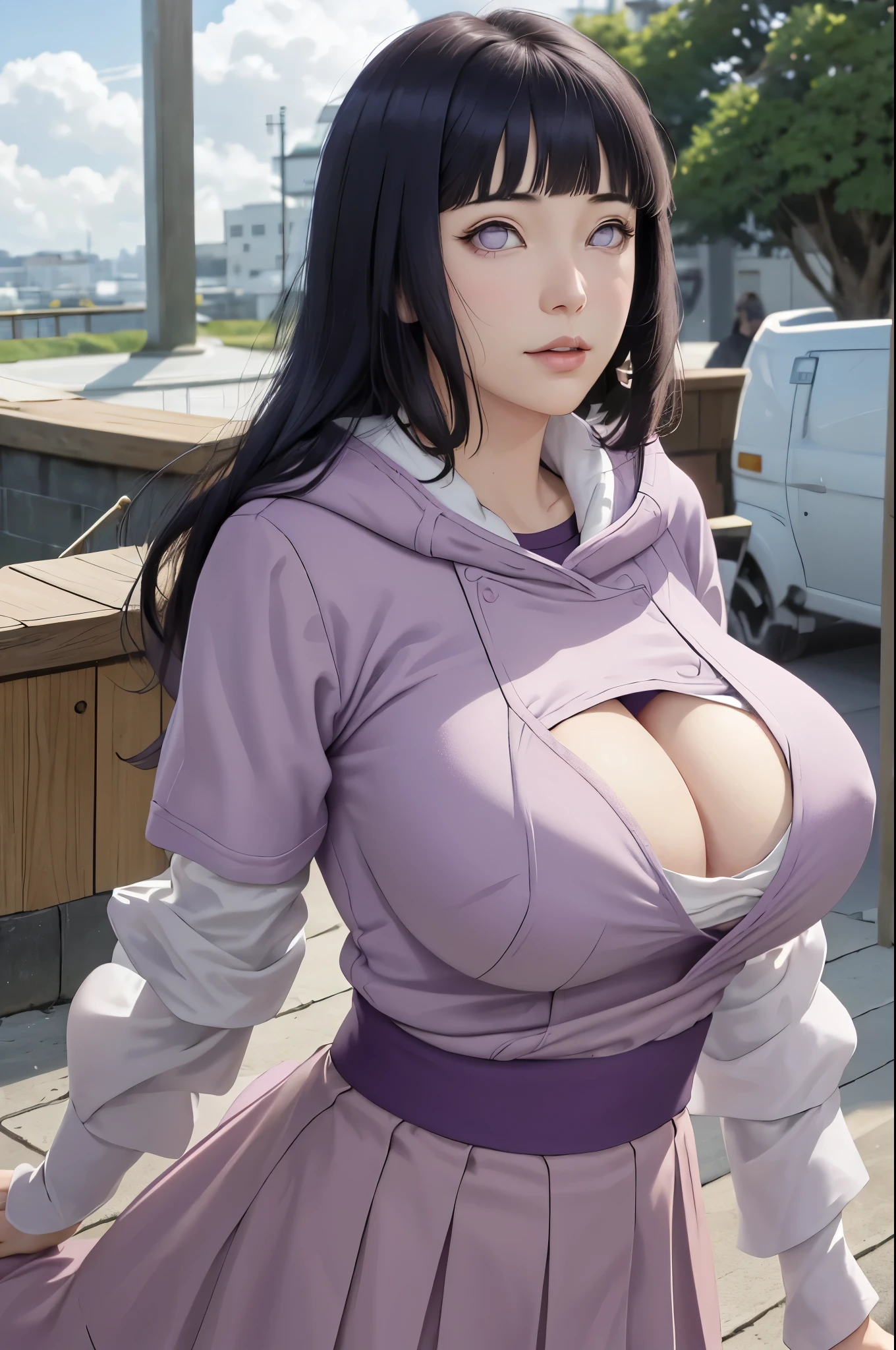 ((huge tits))tmasterpiece， hoang lap， hyouka\（Boruto\）， 1girll， solo，a mature female， purple hoodie，layered sleeves，Short brown skirt，exteriors，Lavender flower field， looking at viewert， （Falling petalostly cloudy sky， perfect compositions， detailed lips，， beauitful face， Body support， Be red in the face， （redish pink lips）， long whitr hair， a purple eye， soft gaze， Sad smile， Super realistic， A detailed， photoshoot， Realistic face and body， photo-realistic hair， photorealistic eye，realistic nose，realistic lips