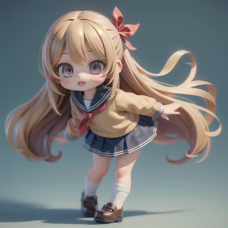 (masterpiece, best quality:1.2), 1girl,gyaru ((masterpiece, highest quality, Highest image quality, High resolution, photorealistic, Raw photo, 8K)),(nendoroid figure), miniatures,illustration,((Side viewing angle)),school-uniform,blonde hair,tanned dark skin,Wear red ribbon,loose socks,very happy,whole body,skirt lift,(visible panty),three-dimensional,octane rendering,Perfect face,Collagen texture((flowing hair))