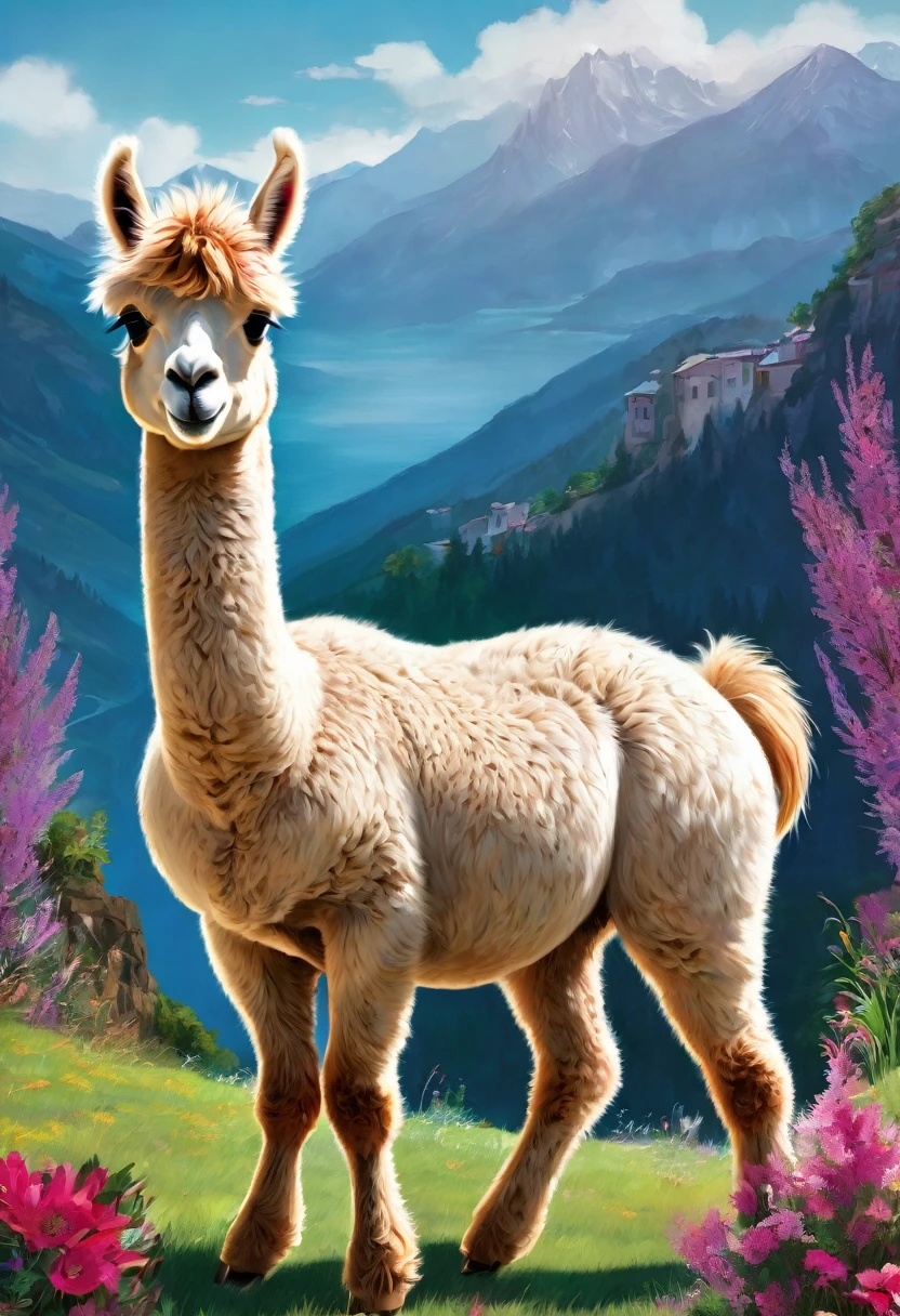 An Alpaca, aesthetic, (high-quality, realistic, vibrant colors, detailed) An alpaca explores its surroundings, showcasing its playful and curious nature. Its fluffy white coat is intricately textured, creating a 3D effect. The alpaca's expressive eyes captivate with their vivid blue hue, while its long, curly lashes add a touch of elegance. As it moves, its slender legs gracefully carry its fluffy body, creating a sense of lightness. The alpaca's inquisitive mouth nibbles on grass, portraying its love for exploring and trying new things. Its surroundings bloom with an array of vibrant flowers, filling the scene with a burst of colors. The soft sunlight casts a warm glow on the alpaca and the surrounding landscape, highlighting every intricate detail. The artwork captures the alpaca's delightful personality, rendering it with astonishing realism and precision. The picture exudes a cheerful and lively ambiance, showcasing the alpaca's joy as it indulges in its random adventures.