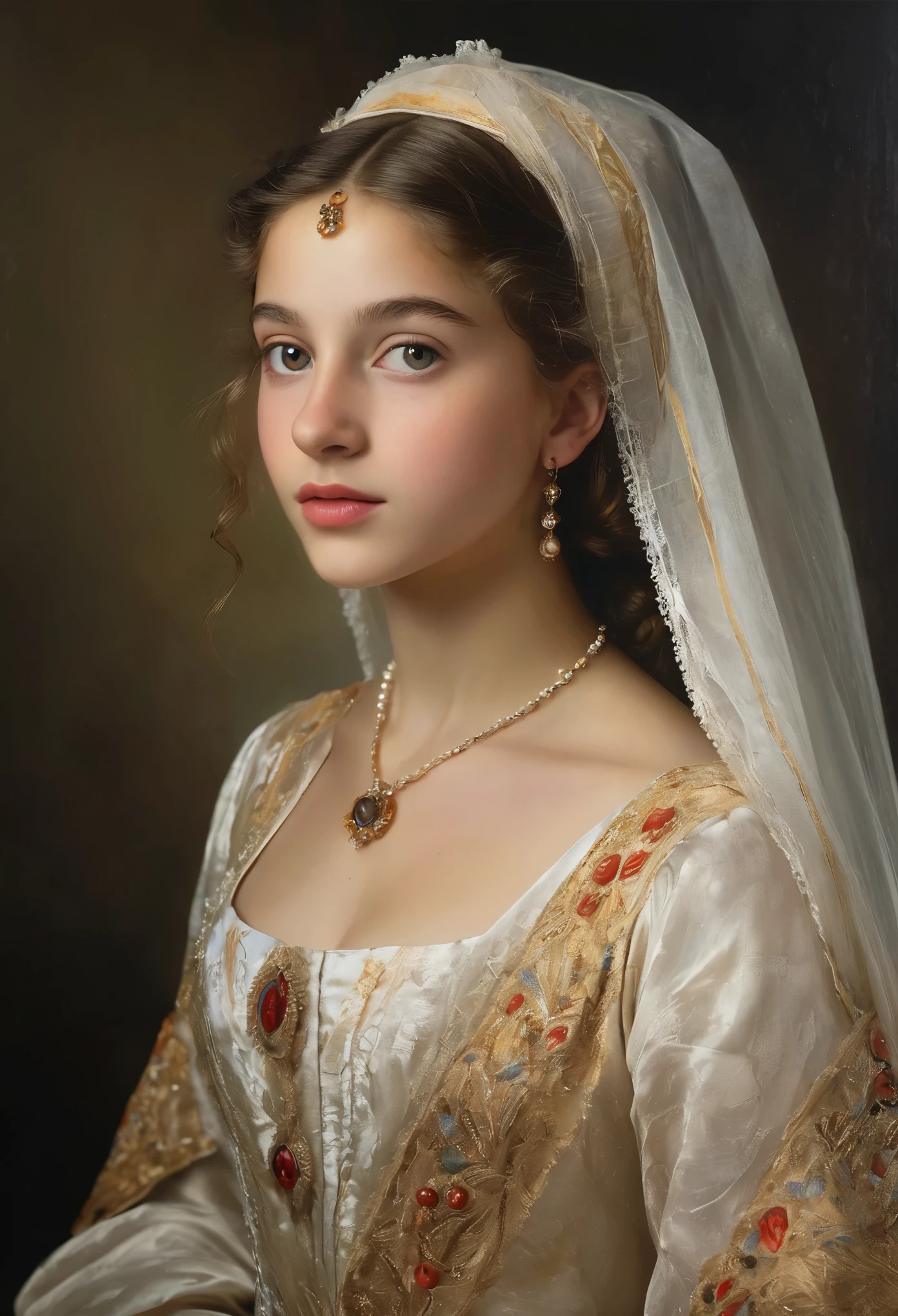 (highres,masterpiece:1.2),(realistic:1.37), A portrait of a Jewish girl in the 20th century with unparalleled beauty. , eldest daughter of a wealthy merchant, The lighting is soft and diffused, accentuating the girl's ethereal beauty. The colors are vibrant and rich, creating a captivating visual experience. The portrait is created in the style of classical portraiture, reminiscent of the works of renowned artists from the era. It exudes elegance, grace, and sophistication. A great masterpiece of the century, you can even feel the breath of the lively girl.