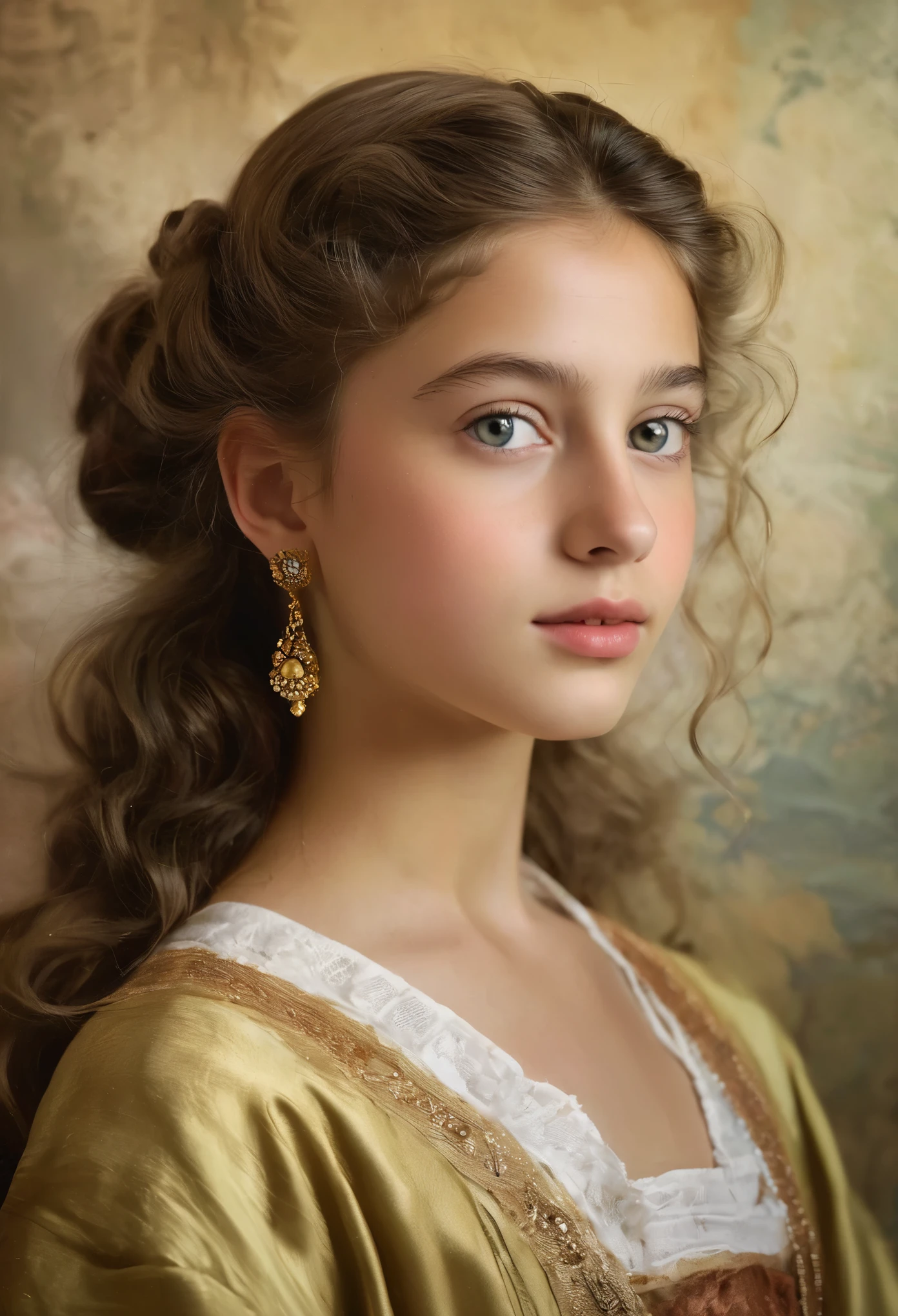 (highres,masterpiece:1.2),(realistic:1.37), A portrait of a Jewish girl in the 20th century with unparalleled beauty. age 14, eldest daughter of a wealthy merchant, The lighting is soft and diffused, accentuating the girl's ethereal beauty. The colors are vibrant and rich, creating a captivating visual experience. The portrait is created in the style of classical portraiture, reminiscent of the works of renowned artists from the era. It exudes elegance, grace, and sophistication. A great masterpiece of the century, you can even feel the breath of the lively girl.