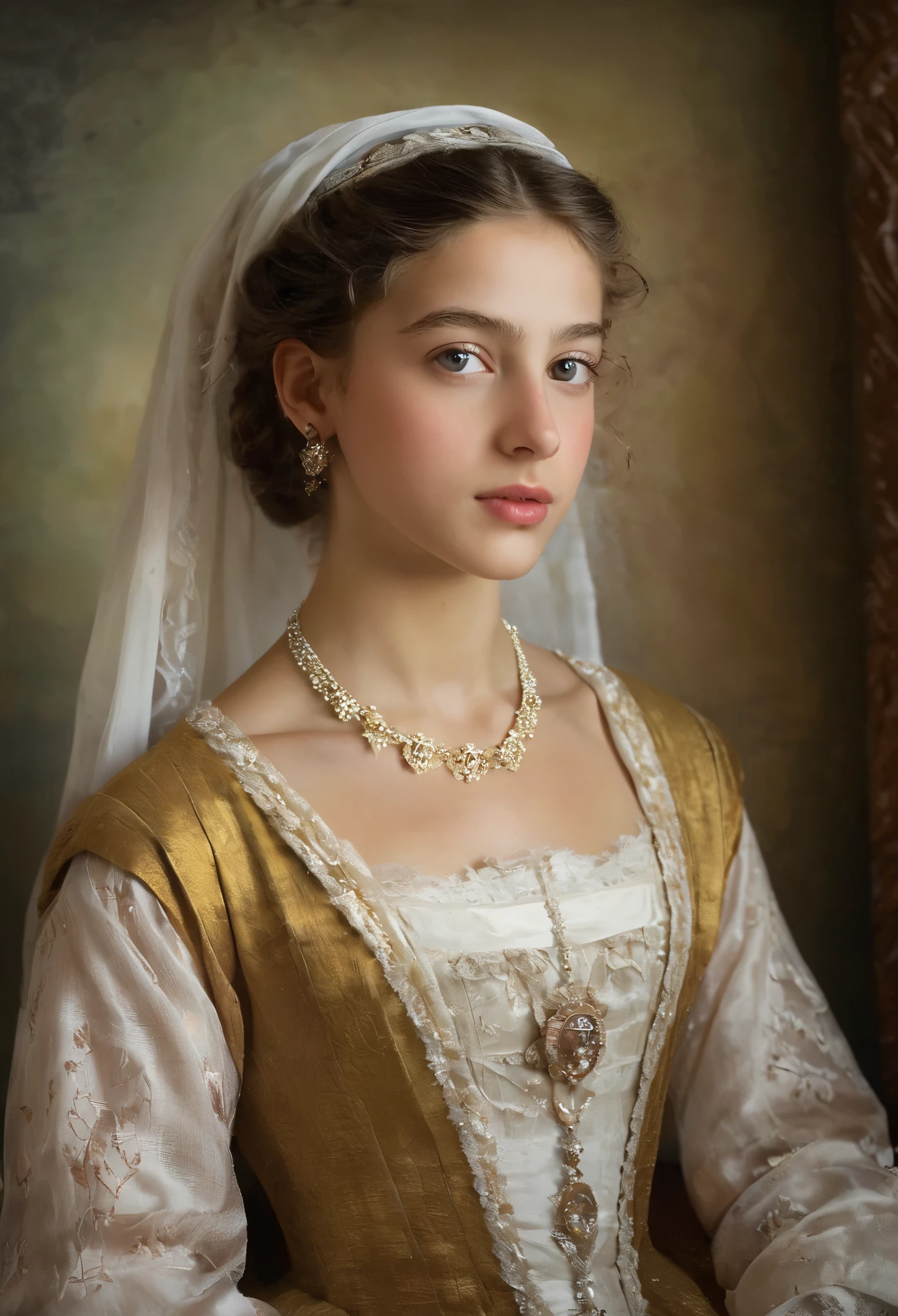 (highres,masterpiece:1.2),(realistic:1.37), A portrait of a Jewish girl in the 20th century with unparalleled beauty. , eldest daughter of a wealthy merchant, The lighting is soft and diffused, accentuating the girl's ethereal beauty. The colors are vibrant and rich, creating a captivating visual experience. The portrait is created in the style of classical portraiture, reminiscent of the works of renowned artists from the era. It exudes elegance, grace, and sophistication. A great masterpiece of the century, you can even feel the breath of the lively girl.