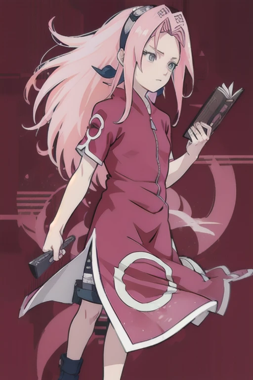 Haruno Sakura, introspective pose, looking away from view, long hair, pink hair, black and red background, book cover, anime style, masashi kishimoto artstyle